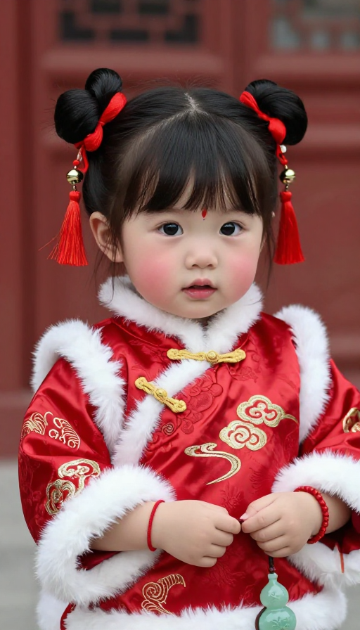 中国风萌娃:红锦缎衣饰与吉祥元素融合