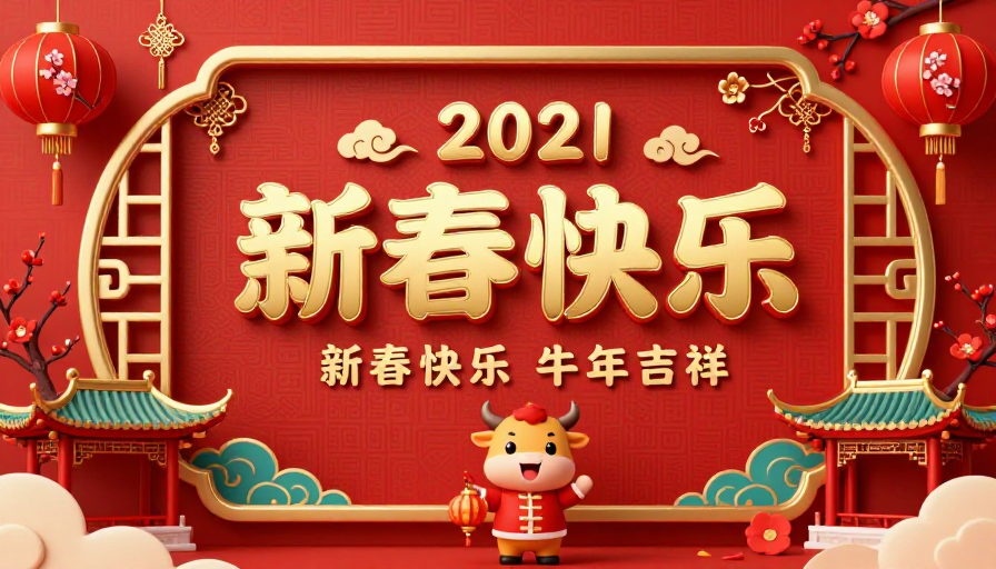 新春快乐2021牛年海报,红金喜庆中国风