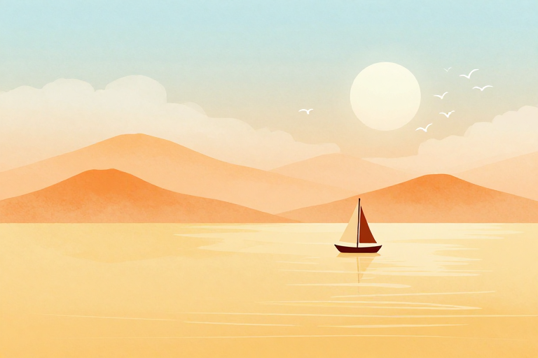 极简暖调水彩海景黄昏插图