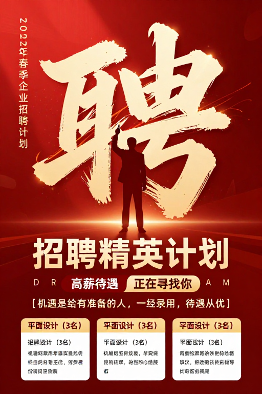 红色书法“聘”字领衔：2022春季企业精英招聘海报