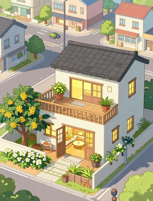 治愈系现代农家小院插画：温暖街区全景