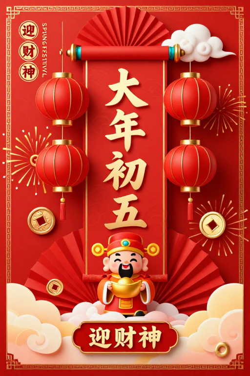 迎财神·红金中国风春节插画海报
