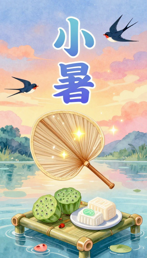 小暑手绘海报：渐变剪纸与水墨晚霞的清新夏日风情