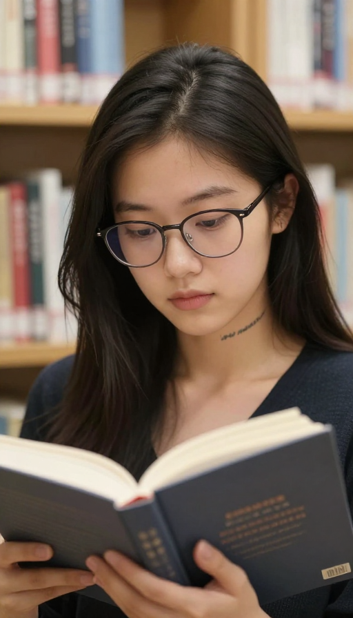 图书馆女孩:专注阅读与精致纹身的静谧时光