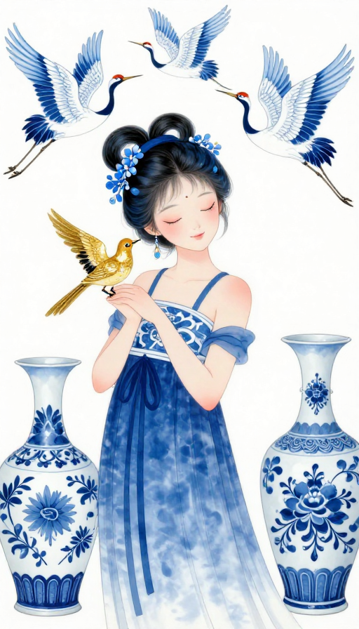 双髻少女与青花瓷意境水墨插画