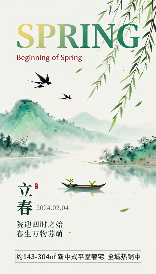 水墨春景立春节气海报新中式别墅推广