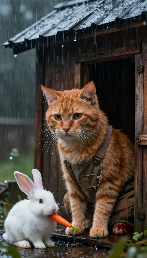 雨夜伤怀:湿透橘猫与小白兔的雨中邂逅