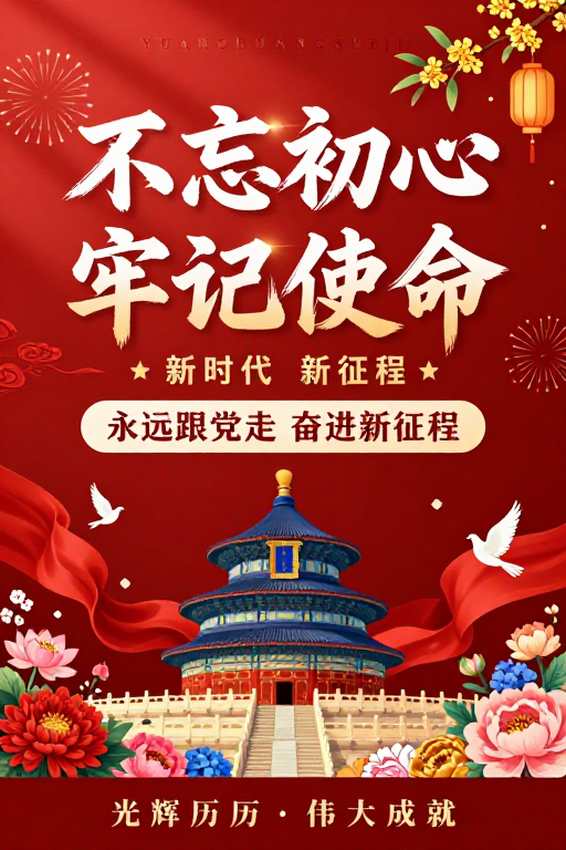 红色党政宣传海报:不忘初心 牢记使命新时代征程