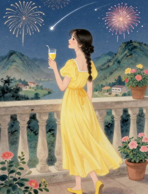 国风少女观星绘梦：鹅黄裙彩焰夜