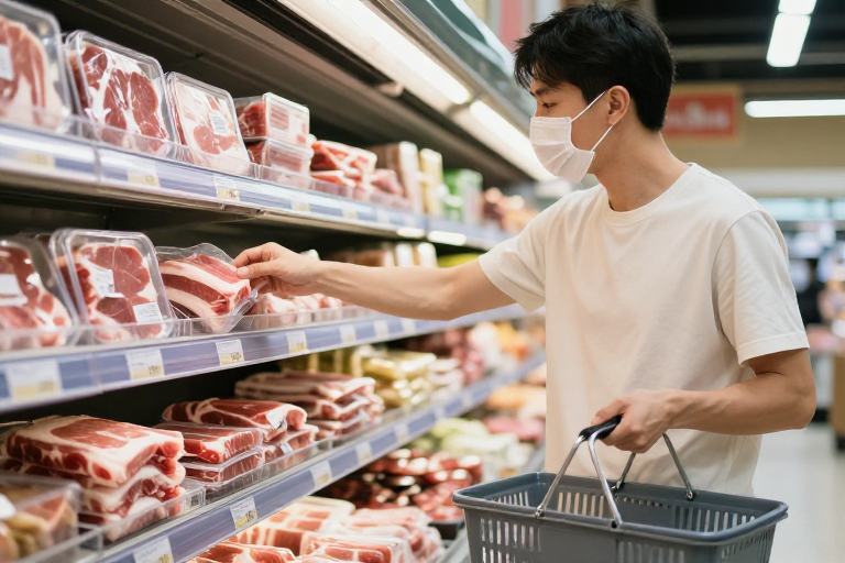 健康生鲜购:高清实拍展示优质肉类与舒适购物场景