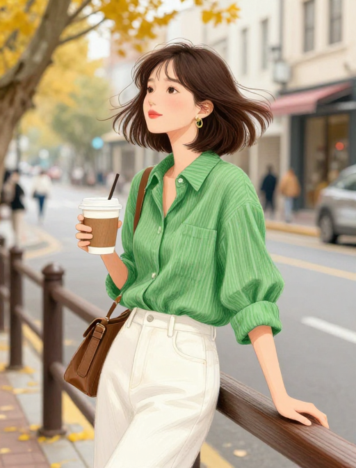 秋日彩铅街头:短发女孩手持咖啡漫步