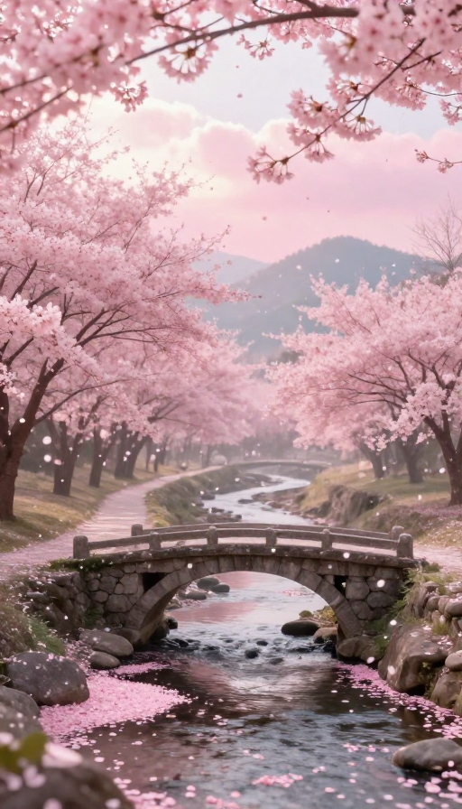 梦幻粉色樱花古桥春日风景