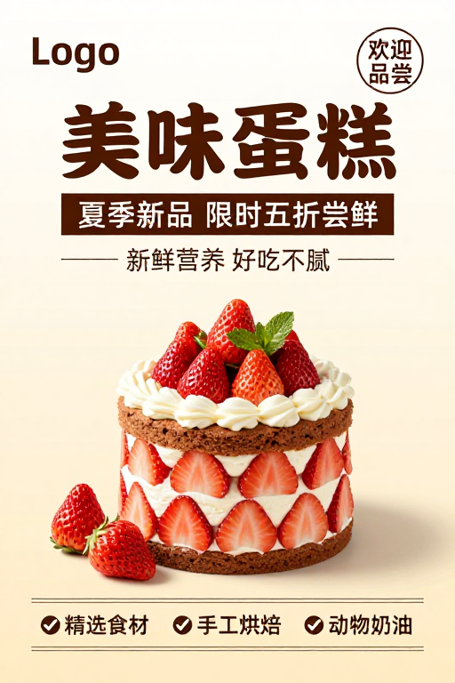 夏日新品美味蛋糕促销海报，优雅设计引食欲