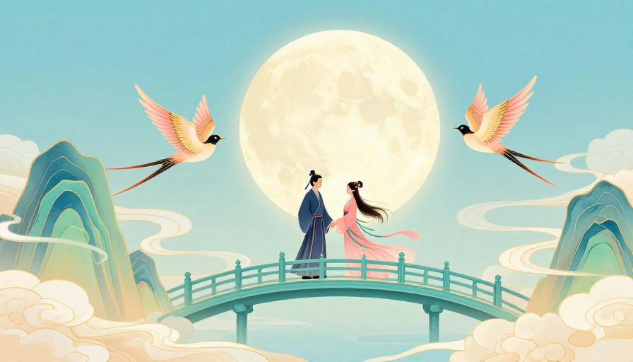 中国风情侣对月:淡雅古风插画意境
