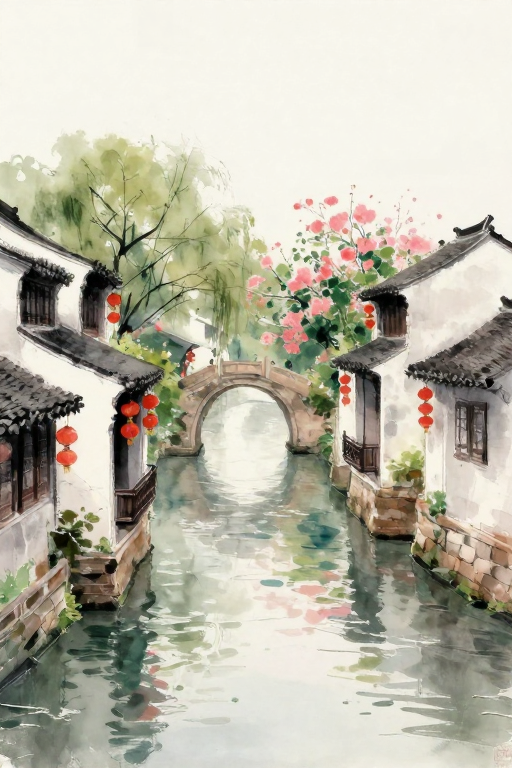 水彩笔触下的江南小镇：花影摇曳的宁静水乡