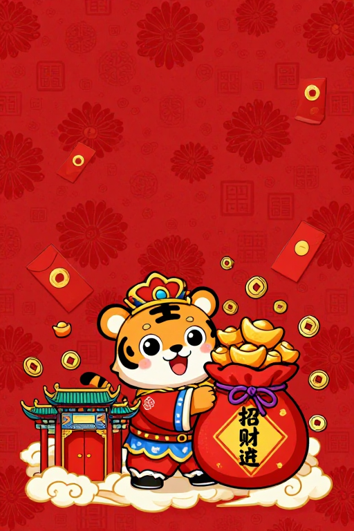 国潮招财虎：喜庆佳节吉祥寓意插画