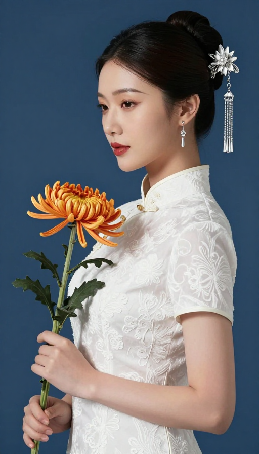 青花瓷韵:旗袍女子持菊侧影摄影