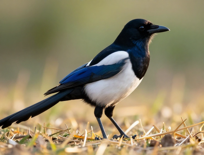 晨光中的欧亚喜鹊：自然栖息地实景摄影