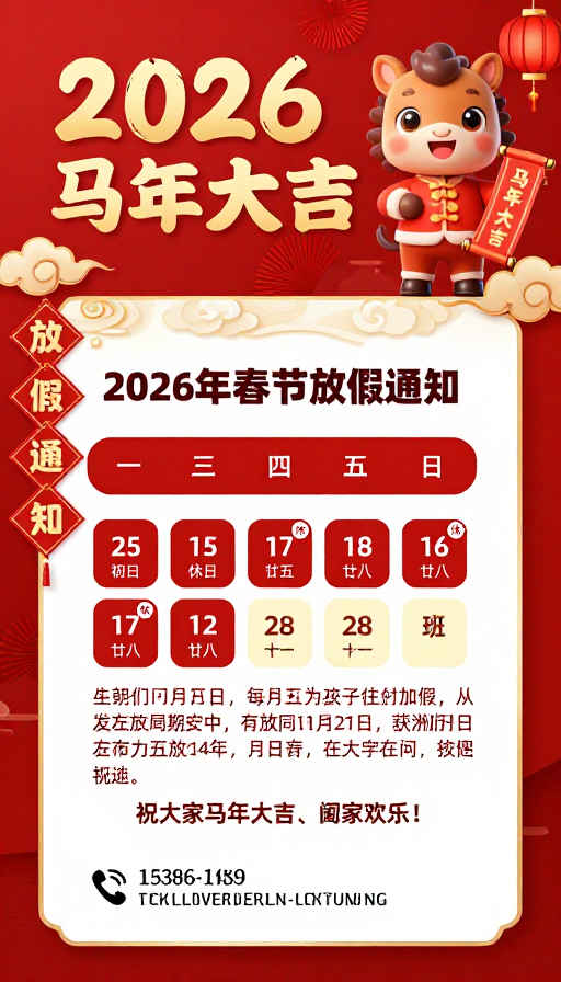 2026马年春节放假通知海报,喜庆红金设计
