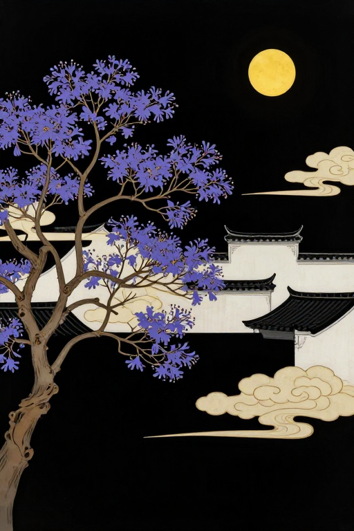 暗夜金箔漆画：蓝楹花与徽派建筑的极简意境