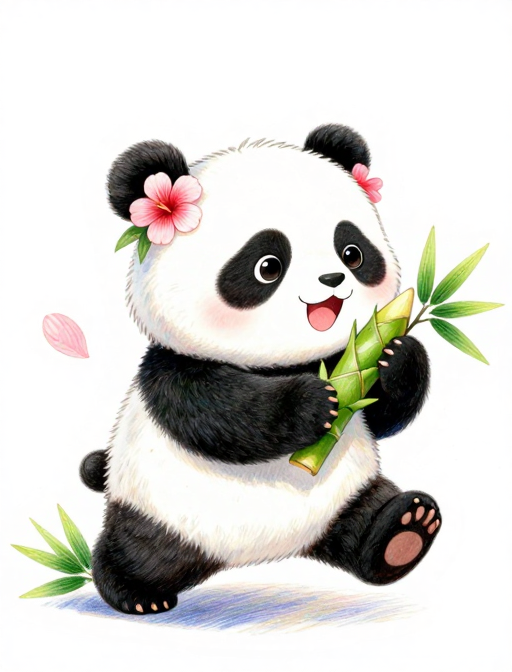 古风Q版熊猫戴芙蓉抱竹笋，仙气彩铅插画