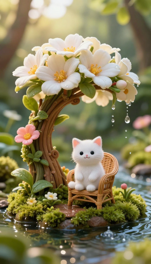 微距奇境:微笑白猫与花屋静谧森林