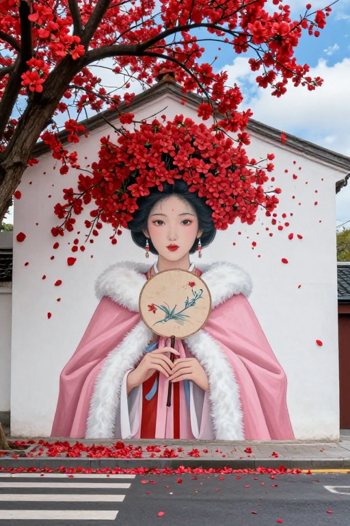 唐风国韵:街头墙绘与繁花花冠的完美邂逅