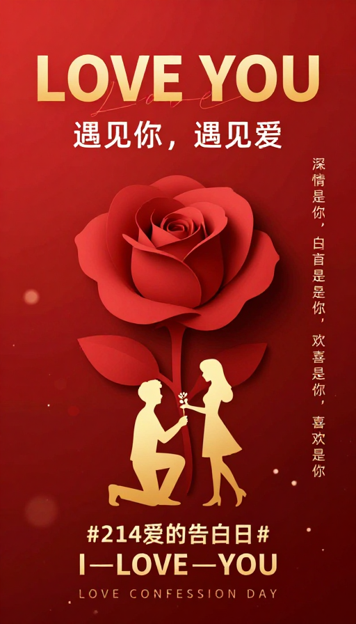 红金纸艺情人节告白海报:立体玫瑰与暖心情侣剪影
