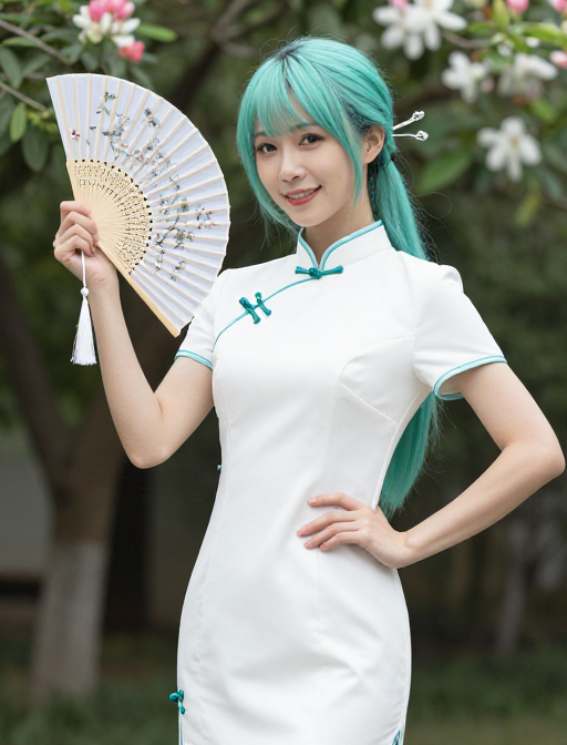 东方雅韵：青绿旗袍与折扇的优雅瞬间