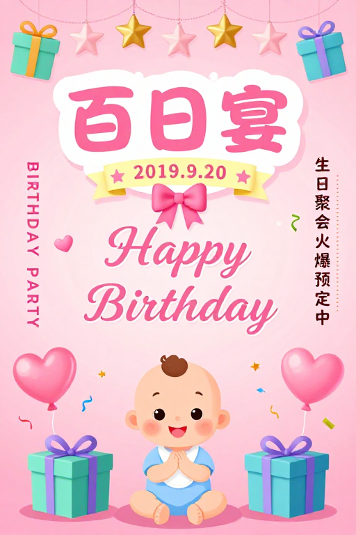 可爱卡通百日宴邀请函：温馨童趣风格