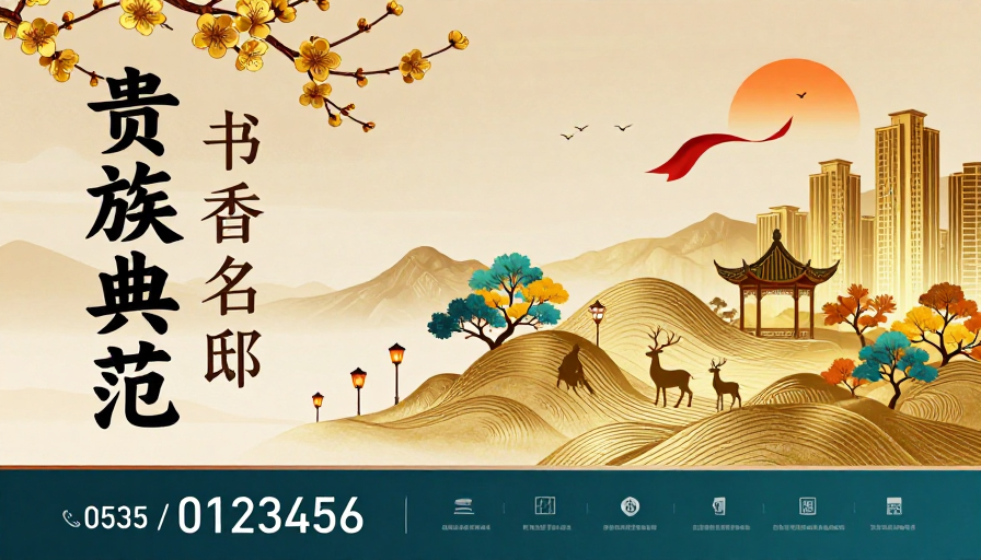 金棕青蓝新中式高端地产文化融合宣传海报