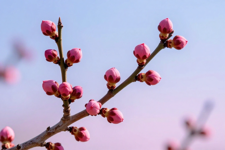 早春梅影:逆光下的粉色花蕾
