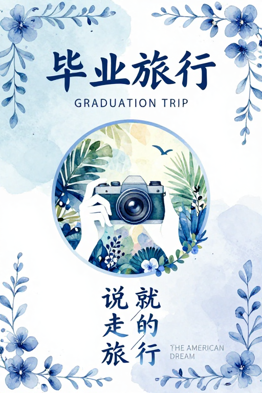 水彩蓝白毕业旅行艺术海报