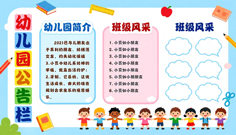 童趣幼儿园公告栏扁平化插画设计