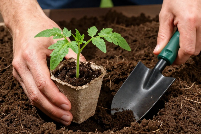 双手种植番茄幼苗：细节呈现自然光影的园艺摄影