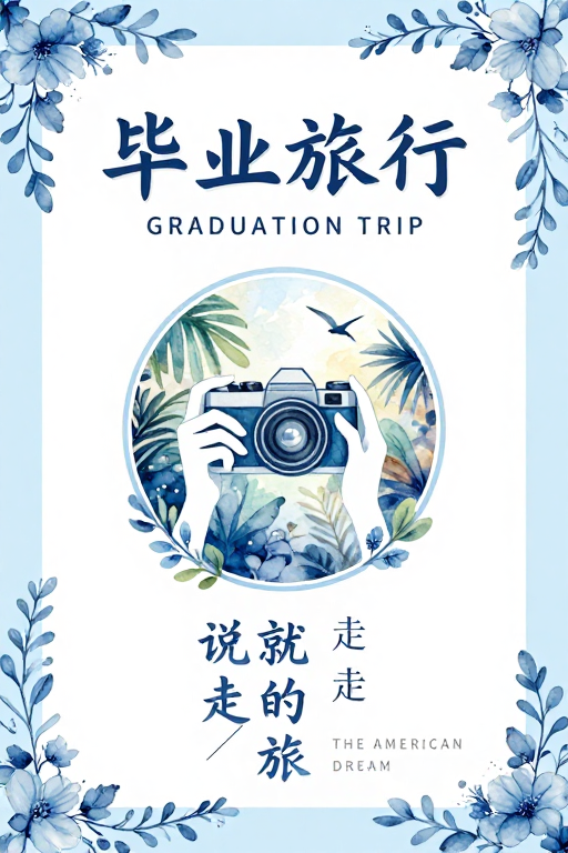毕业旅行：水彩手绘清新蓝白海报设计