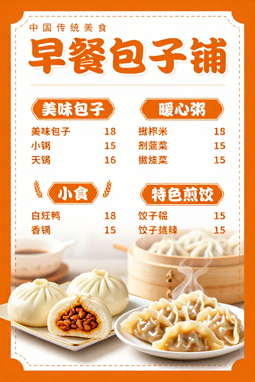 暖橙色中式早餐包子铺宣传海报
