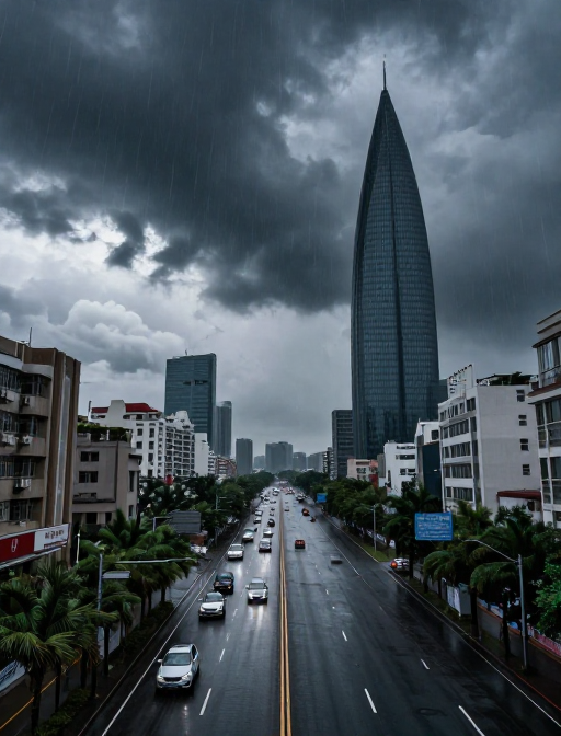 台风肆虐下的城市风雨图景