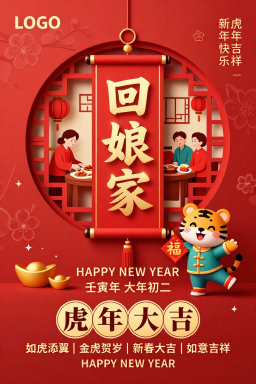 红运当头:立体剪纸虎年团圆喜庆新年海报