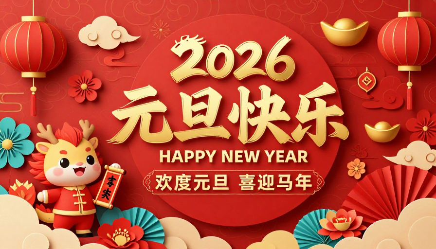 鎏金奔马迎新春 2026元旦中国风海报