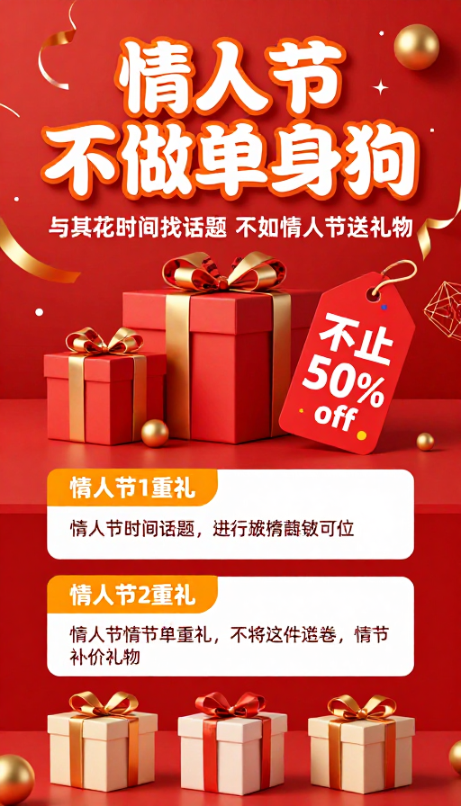 红色情人节促销海报：送礼不单身