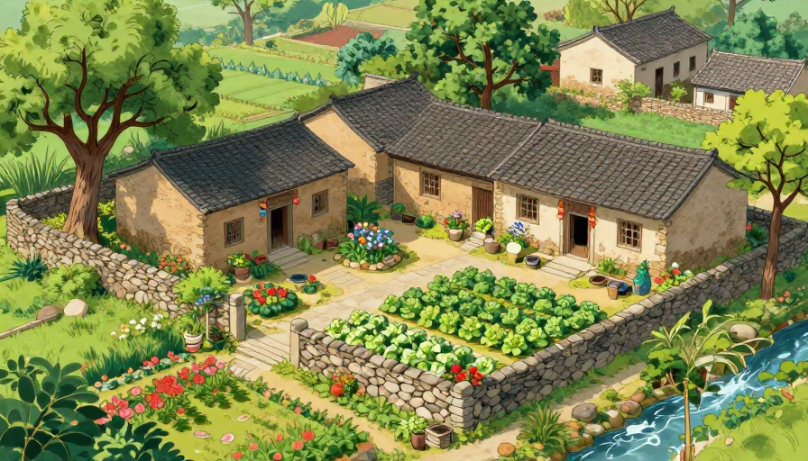 夏日乡村美景：毛石小院中的自然清新画卷