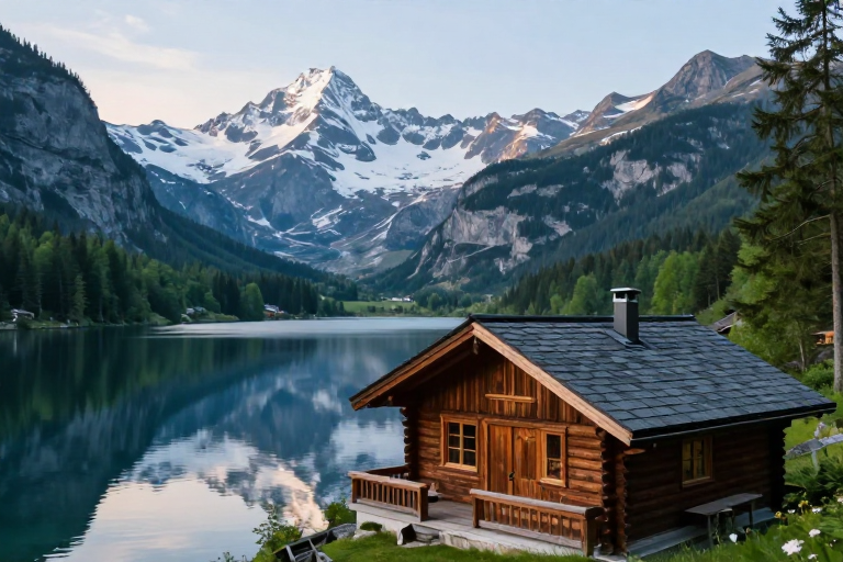 晨曦下的静谧湖景：雪峰映衬木屋小屋