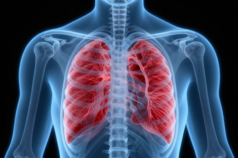 透明蓝色骨骼与红色肺部结构医学插图展示