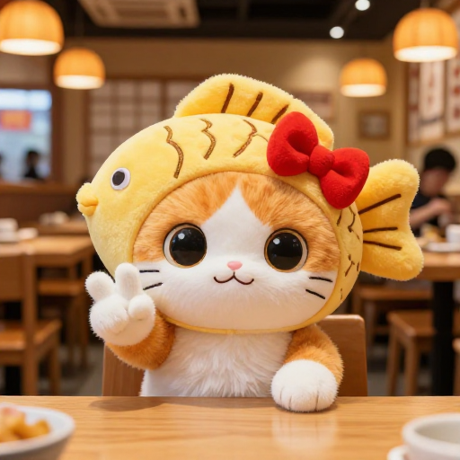 萌趣橘猫戴鲷鱼烧玩偶，日式餐厅温馨摄影