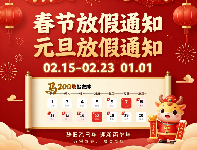 春节与元旦放假通知·高饱和红色中国风喜庆海报