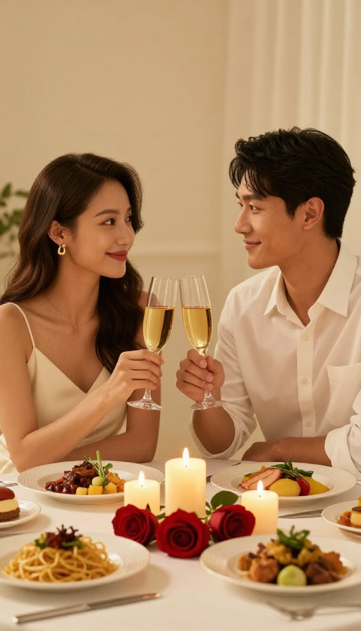 烛光映照下的深情对视：亚洲情侣浪漫晚餐