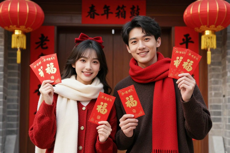 亚洲情侣持红包微笑合影，暖红色调营造春节喜庆氛围