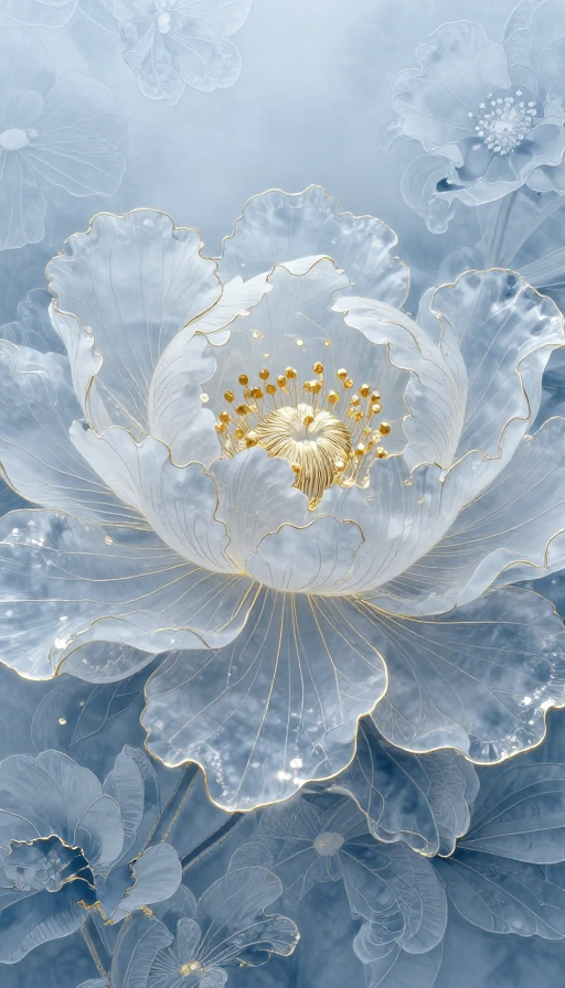 梦幻绢笔牡丹冰花:金丝脉络与鎏光花蕊的透明之美