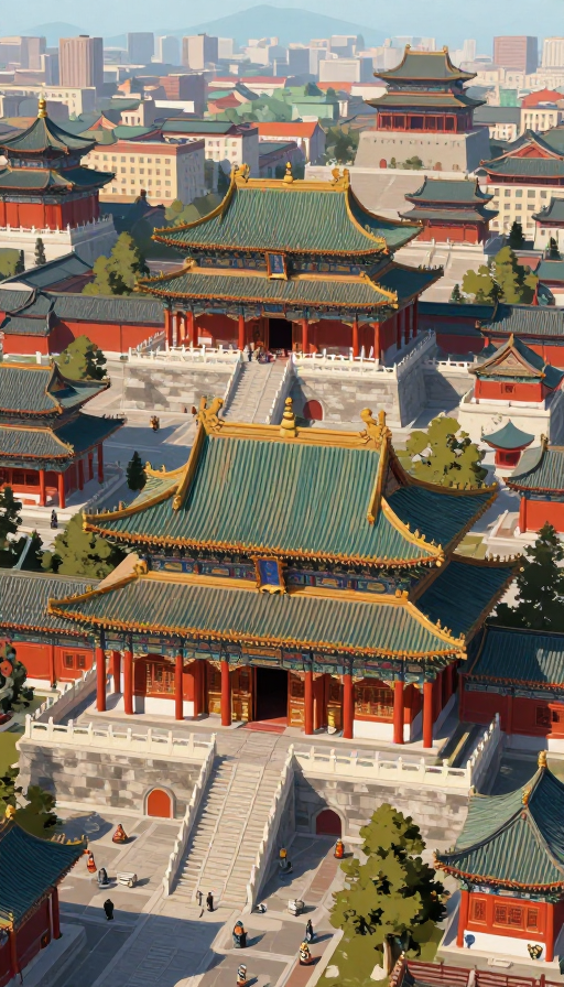 超现实中国古建城市俯视图：色彩斑斓的吉祥盛宴